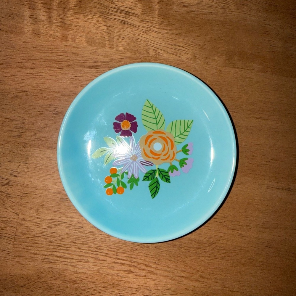 Turquoise Blue Floral Ceramic Trinket Dish Tea Bag Holder 4.75 Inch Round